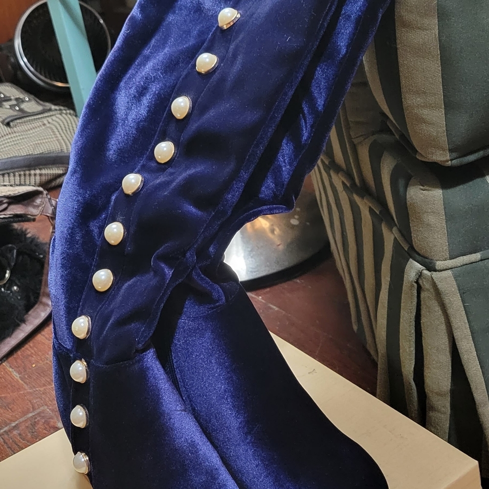 BLUE VELVET OVER KNEE BOOTS - Picture 4 of 9